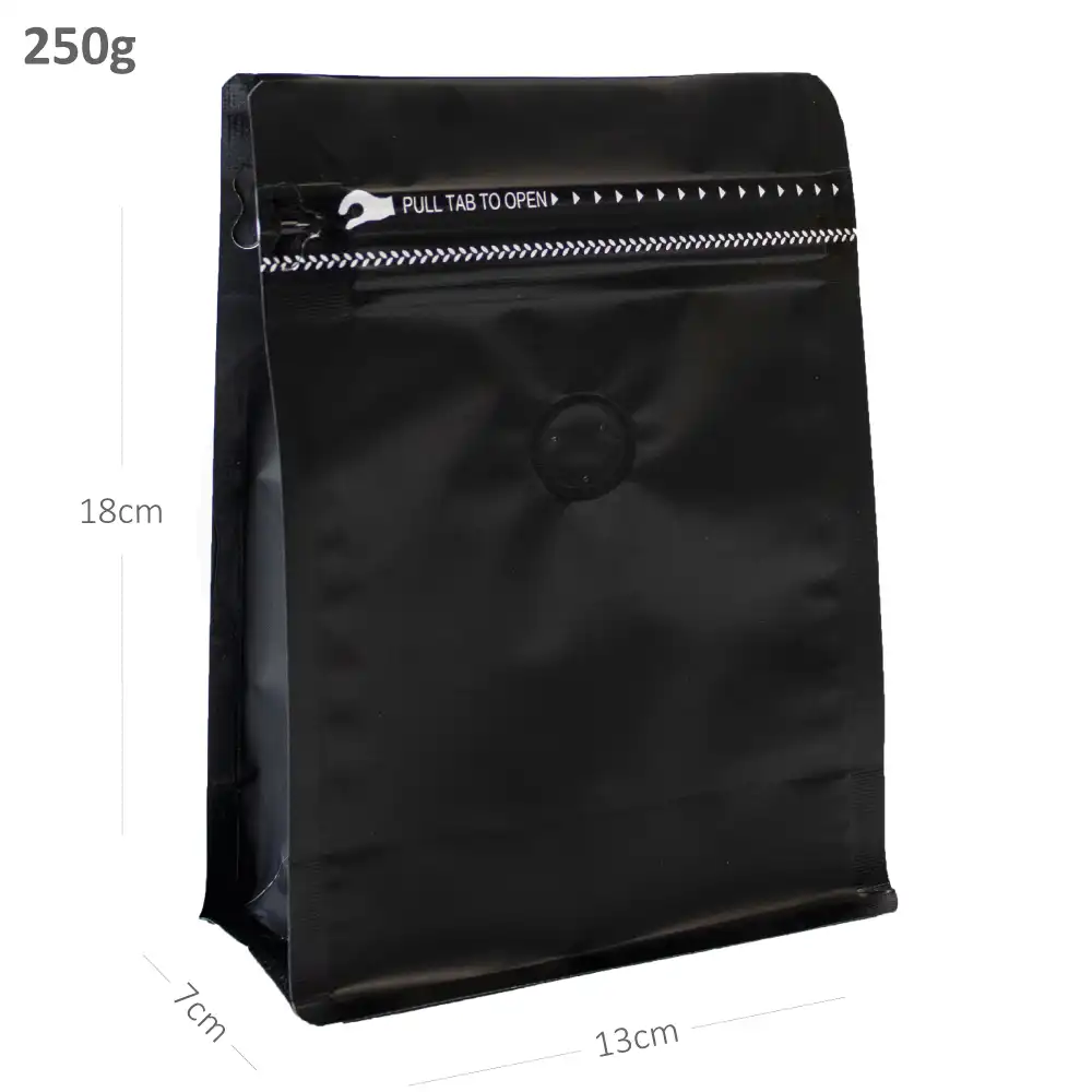 [021009] 250g Black Flat Bottom Ziplock Valve Bag 300/ctn